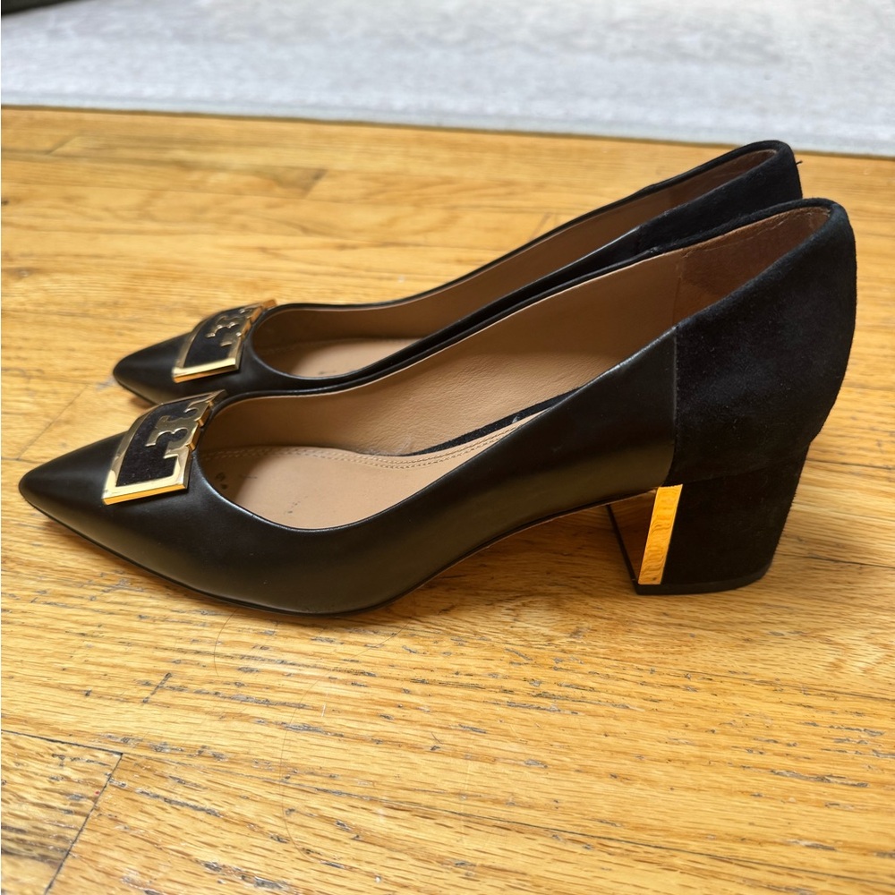 Tory Burch Black and Gold Heels with Block Heel